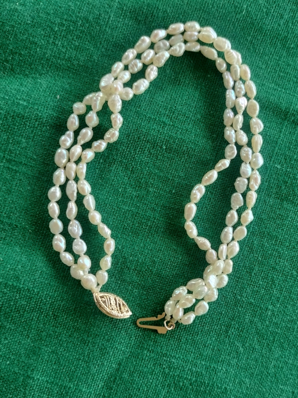 Cultured Rice Pearl 3-Strand Bracelet with 14 Kt Gold Clasp-stunning